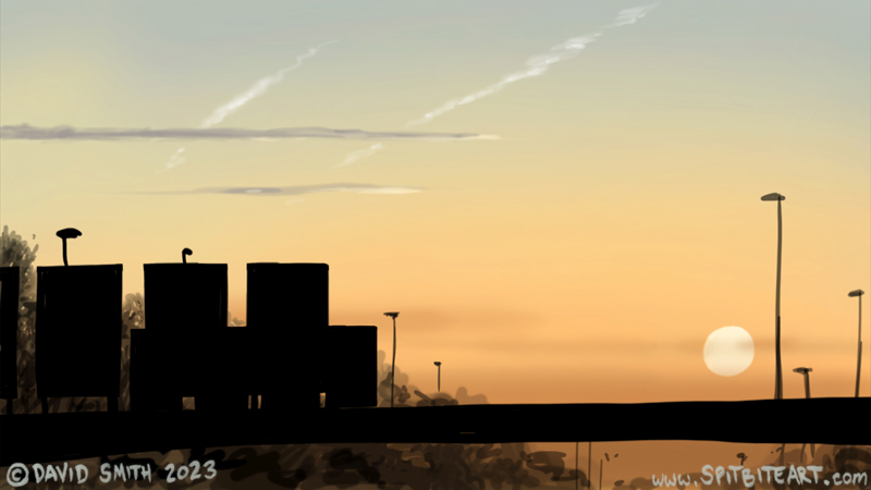 Daily Composition no 01 from Tuesday May 23, 2023, digital painting in Photoshop of motorway bridge and roadsigns silhouetted against golden sunset.