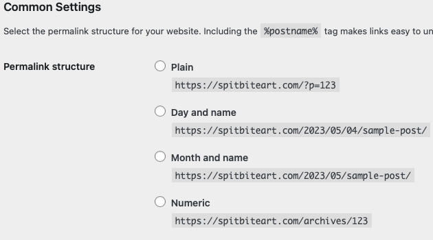 Screenshot of the Permalink Structure option on the WordPress Dashboard for this site. My change to the recommended Custom Structure option isn't saving.