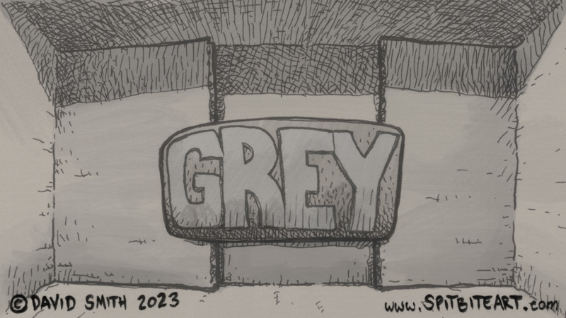 A line drawing shaded in tones of grey showing the word 'Grey' inside an empty cardboard box, to go with the Uncategorised category of posts.
