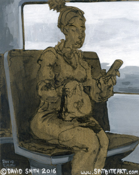Painting of girl on train checking phone messages, acrylic on board.
