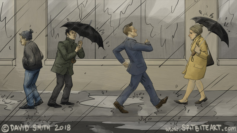 Final state of storyboard drawing of smiling man walking to work through rain past pedestrians unhappy with the bad weather.