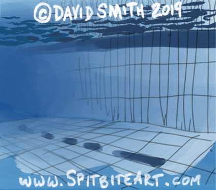 Sketch depicting view underwater in swimming pool, ripples on underside of surface captured well, unfinished due to inaccurate colouring.