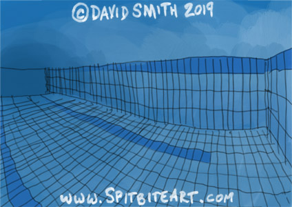 Sketch depicting view underwater in swimming pool, exaggerated perspective to capture full length of pool, unfinished due to inaccurate colouring.