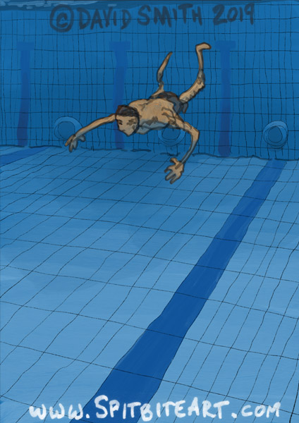 Early version of Man swimming underwater, Daily Composition sketch of 30 May 2019 done in Procreate on iPad. Colours too warm and cartoon-like.