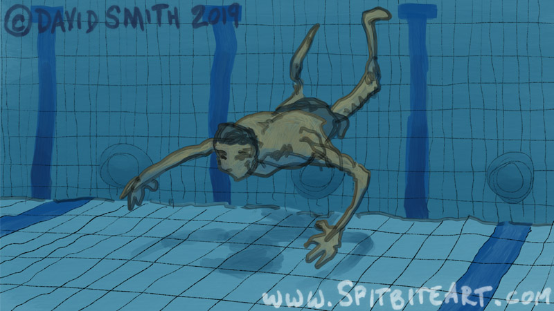 Painting of man swimming underwater, Daily Composition sketch of 30 May 2019 done in Procreate on iPad, close up detail.