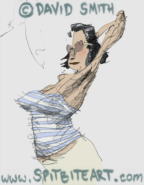 Pencil sketch of tourist in France, coloured in Photoshop