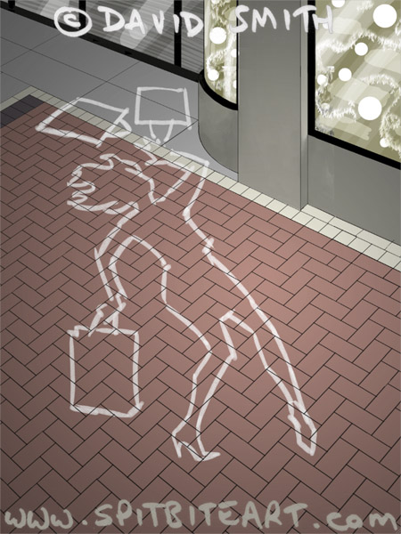 Visual for a proposed poster advertising the annual Christmas sale of designer goods at an upscale department store. On the street outside a chalk outline shows the shape of a woman with several shopping bags. The Art Director's idea for the ad was that she literally shopped 'til she dropped. I'm sure she was okay after a cup of tea.