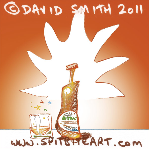 Stylised sketch of imaginary magic bottle of spirits with some poured out into a whiskey tumbler for drinking, magic is indicated by white flash behind bottle and magic coloured sparkles popping out of the glass; pencil sketch coloured in Photoshop