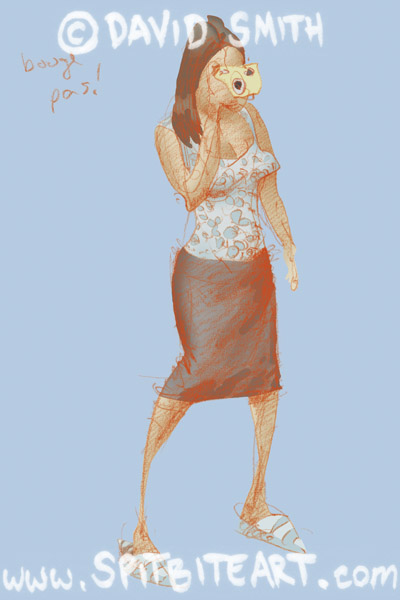 Pencil sketch of woman taking photo, coloured in photoshop