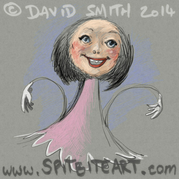 Stylised digital sketch of puppet with girl's face wearing white gloves and pink dress, all done in Photoshop on a Wacom Cintiq