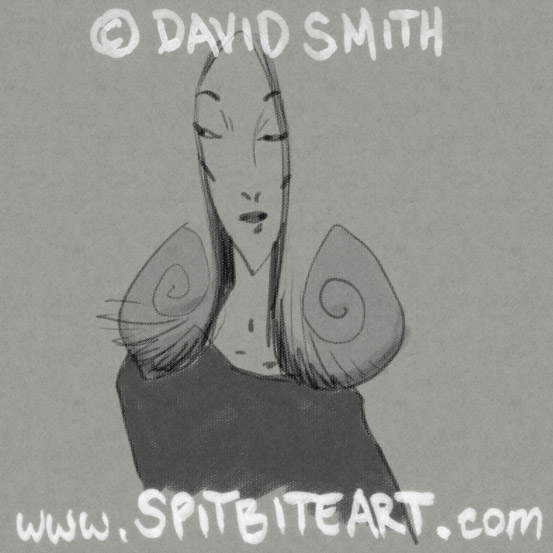 Stylised digital sketch of girl with hair like danish pastries, toned in grey, all done in Photoshop on a Wacom Cintiq