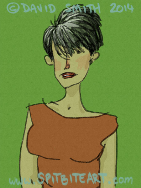 Sketch of a friend with crazy black hair, wearing red dress against a green background